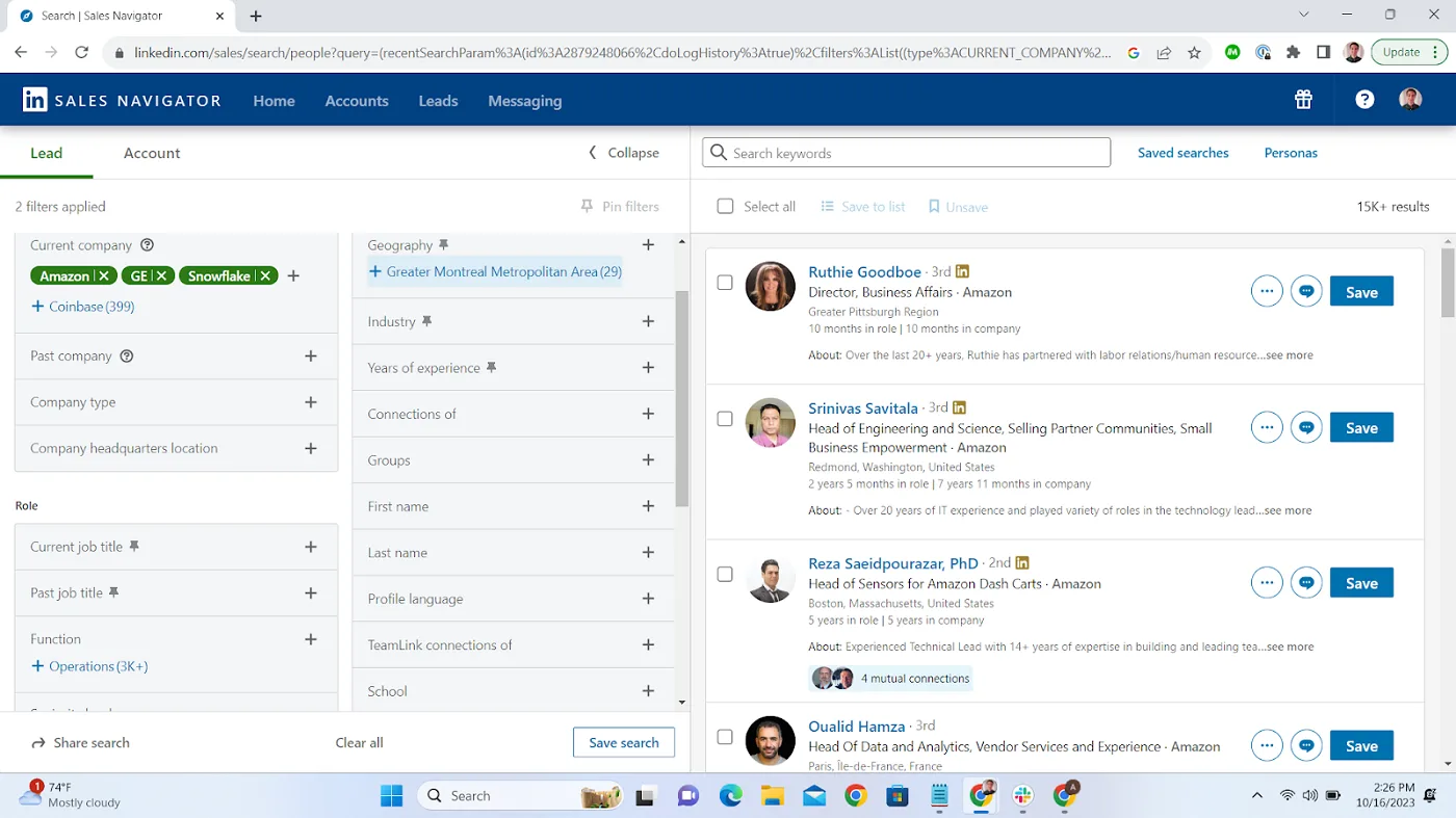 LinkedIn Sales Navigator Advanced dashboard